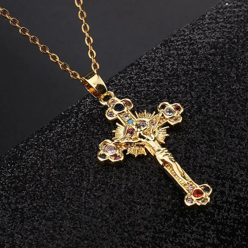 Jesus Cross Necklace for Women Men Retro Copper Zircon Colorful Cross Virgin Mary Pendants Jewelry Religion Prayer Baptism Gift