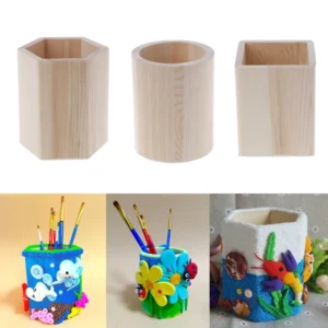 Pencil Holder Office Desk Wood Square/Round/Hexagon Pen Holder Pen Pot Cup Case Container Stationery Storage Organiser Supplies