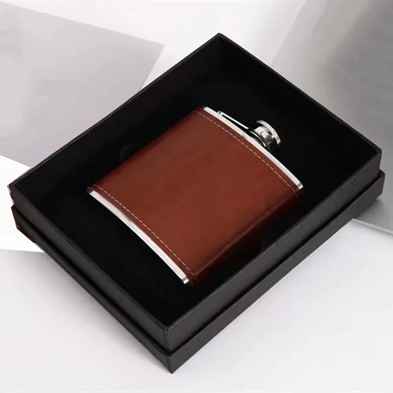6-8oz Luxury Pocket Hip Flask Brown Leather Covered Small Stainless Steel Flask For Alcohol Portable Whiskey Flasks Gift