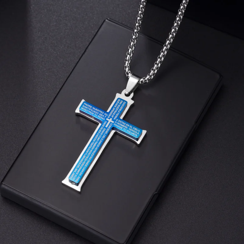 Christian Jesus Cross Necklace For Men Women Stainless Steel Chains Choker Religion Blue Pendants Jewelry Prayer Baptism Gifts