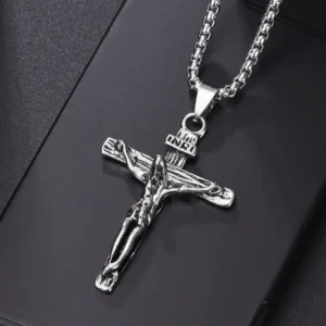 Christian Jesus Cross Necklace For Men Women Stainless Steel Chains Choker Religion Blue Pendants Jewelry Prayer Baptism Gifts