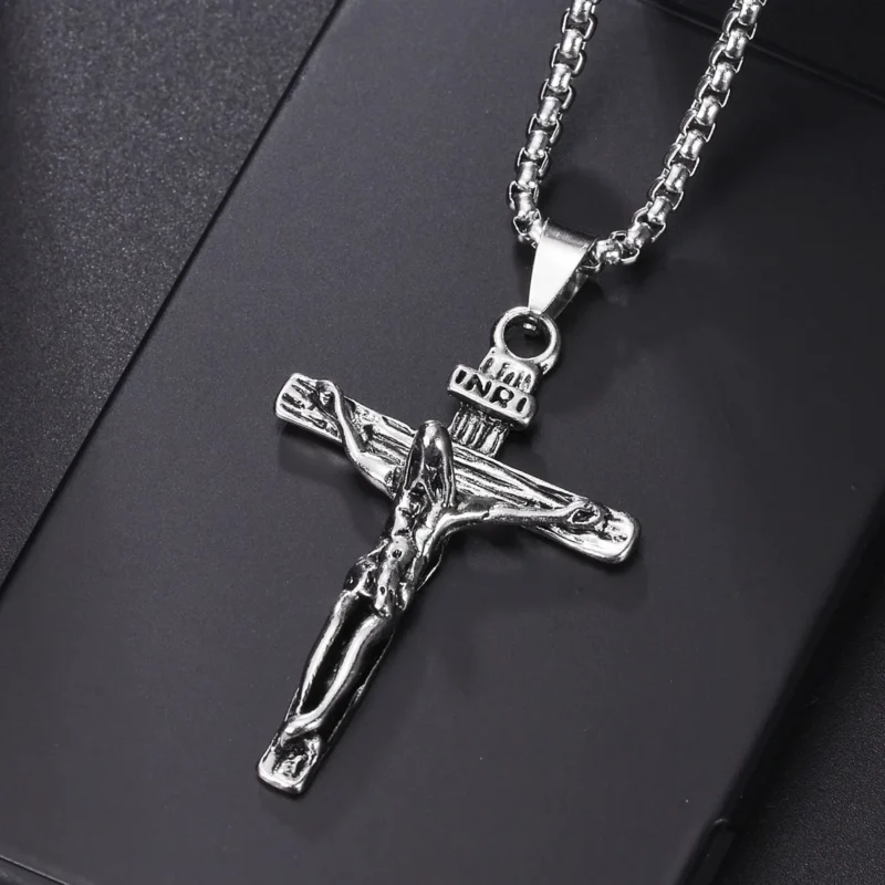 Christian Jesus Cross Necklace For Men Women Stainless Steel Chains Choker Religion Blue Pendants Jewelry Prayer Baptism Gifts