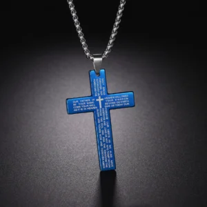 Christian Jesus Cross Necklace For Men Women Stainless Steel Chains Choker Religion Blue Pendants Jewelry Prayer Baptism Gifts