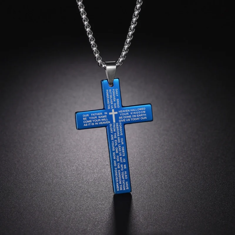 Christian Jesus Cross Necklace For Men Women Stainless Steel Chains Choker Religion Blue Pendants Jewelry Prayer Baptism Gifts