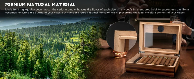 Cigar Humidor Box Cigar Case with Humidifier and Hygrometer, Cedar Wood Cigar Box with Divider, Cigar Gifts Accessories for Men