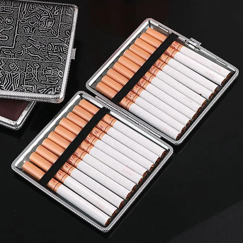 Cigarette Storage Cover Holder 20 Sticks Gift for Men's Leather Cigarette Box Cigar Case Metal Leather Smoking Accessories