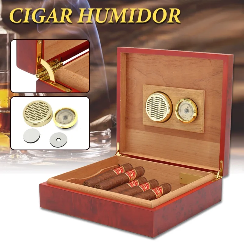 20 Count Cigar Humidor Box Wood Lined Portable Smoking Accessories Humidor Humidifier With Hygrometer Case Moisturizing Device