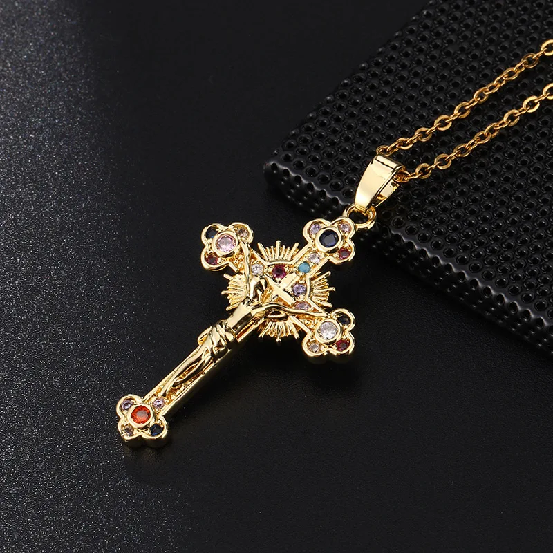 Jesus Cross Necklace for Women Men Retro Copper Zircon Colorful Cross Virgin Mary Pendants Jewelry Religion Prayer Baptism Gift