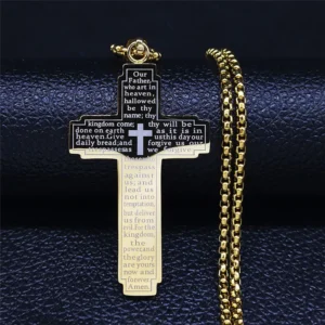 HNSP Stainless Steel Bible Pattern Cross Necklace Pendant For Men Chain Religion Protect Jewelry Accessories
