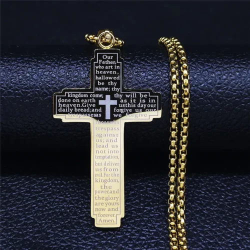 HNSP Stainless Steel Bible Pattern Cross Necklace Pendant For Men Chain Religion Protect Jewelry Accessories