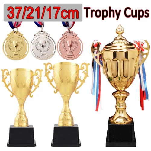 Gold Award Model Trophy Cups Plastic/Metal Sculpture Trophies 37/21/17cm Competition Soccer Craft Souvenirs Winner Medal