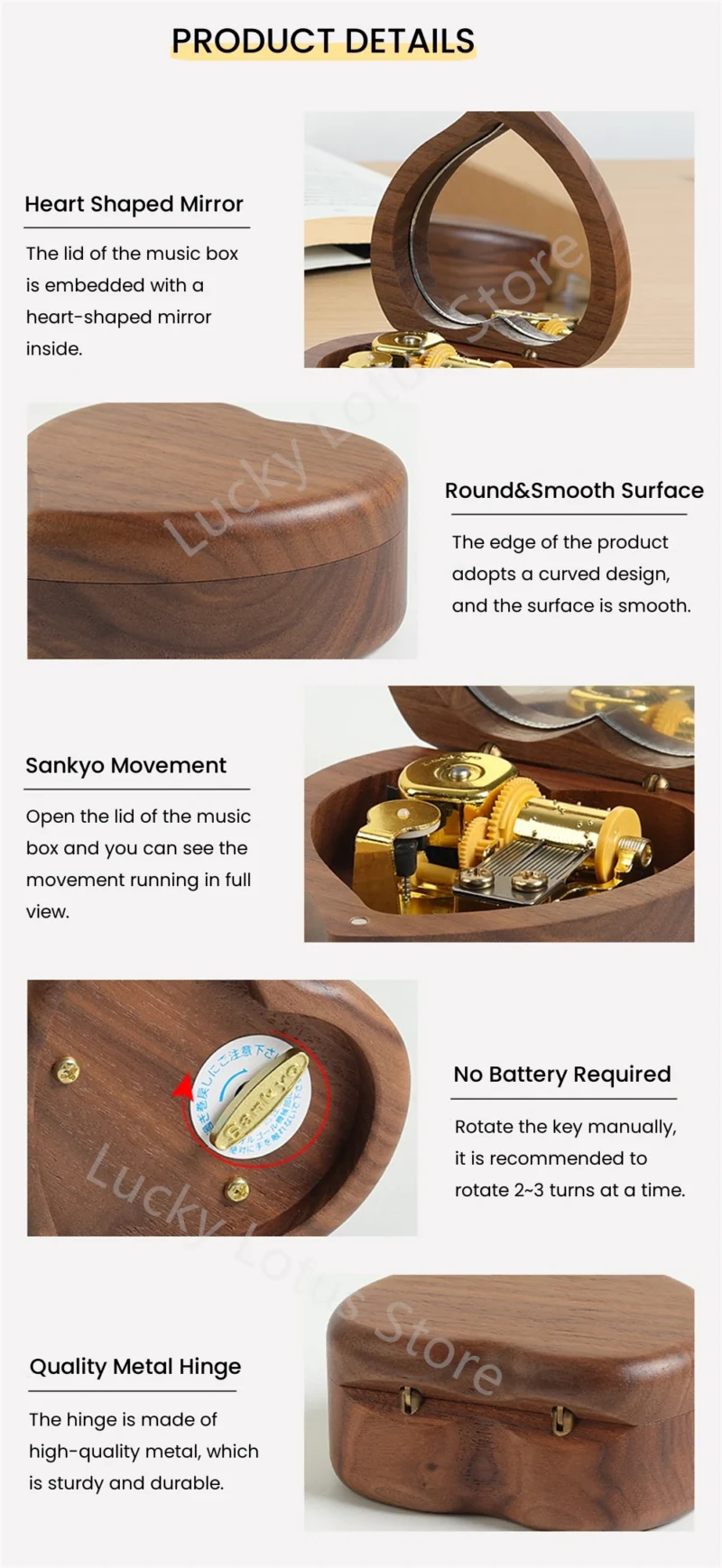 Wooden Heart Shaped Music Box Maple Wood 18 Tones Clockwork Musical Box Swan Lake Summer Moving Castle Birthday Gifts for Lovers