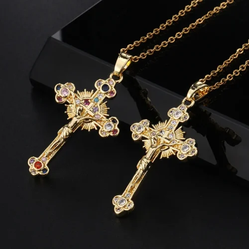 Jesus Cross Necklace for Women Men Retro Copper Zircon Colorful Cross Virgin Mary Pendants Jewelry Religion Prayer Baptism Gift