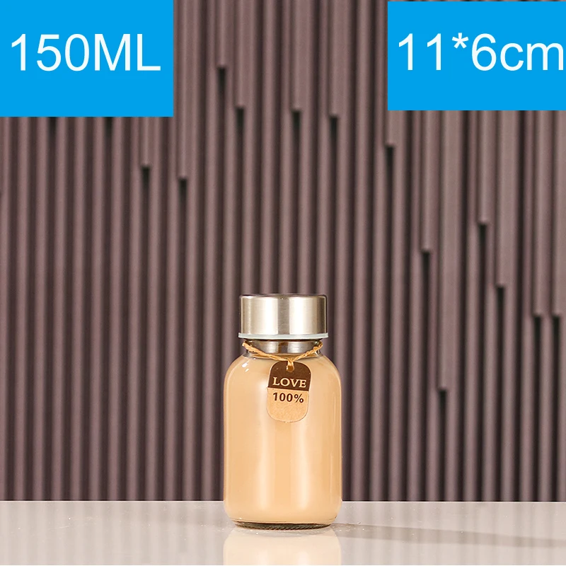 Glass Water Bottles Stainless Steel Leak Proof Lid Soda Lime  Reusable Drinking Bottle Sauce Jar Juice Beverage Container