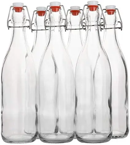 Flip Top Glass Bottles 1L (33oz) Pack of 6 – Airtight Swing Top for Kombucha, Beer, Soda, Water, Oil, Vinegar – Leak Proof Clear
