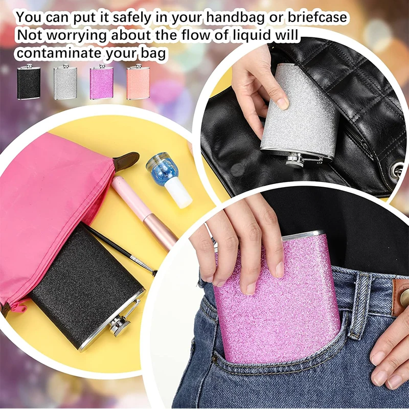 8oz Glitter Bling Hip Flask Stainless Steel Hip Flask with Never-Lose Cap and Funnel Leakproof Liquor Alcohol Flasks For Whiskey