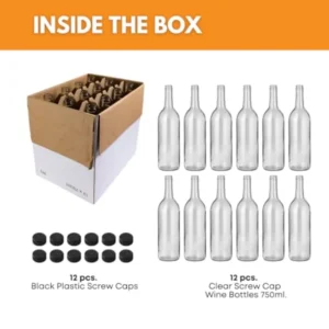 Se2f2cd6a502c409495c9864a9c748e29F.webp 750 ml Clear Bordeaux Wine Bottles Pack of 12 Screw top finish with 12 Black PLASTIC caps W5 Flint Flat-Bottomed Glass Bottles
