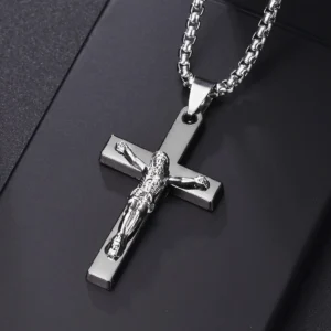 Christian Jesus Cross Necklace For Men Women Stainless Steel Chains Choker Religion Blue Pendants Jewelry Prayer Baptism Gifts