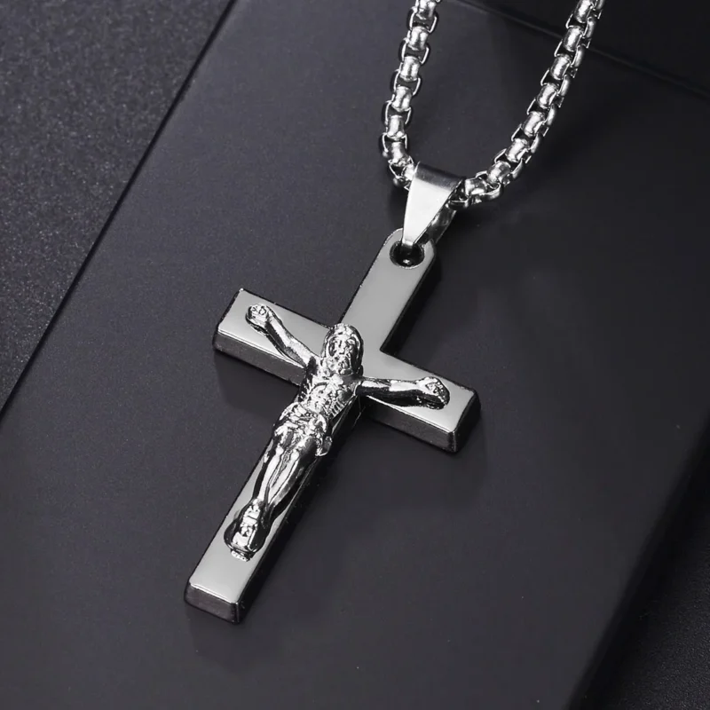 Christian Jesus Cross Necklace For Men Women Stainless Steel Chains Choker Religion Blue Pendants Jewelry Prayer Baptism Gifts