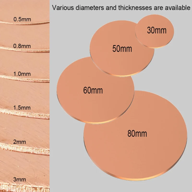 1/2pc T2 Copper Disc Diameter 30mm 50mm 60mm 80mm Pure Copper Round Plate Circular Sheet Thickness 0.5mm 0.8mm 1mm 1.5mm 2mm 3mm