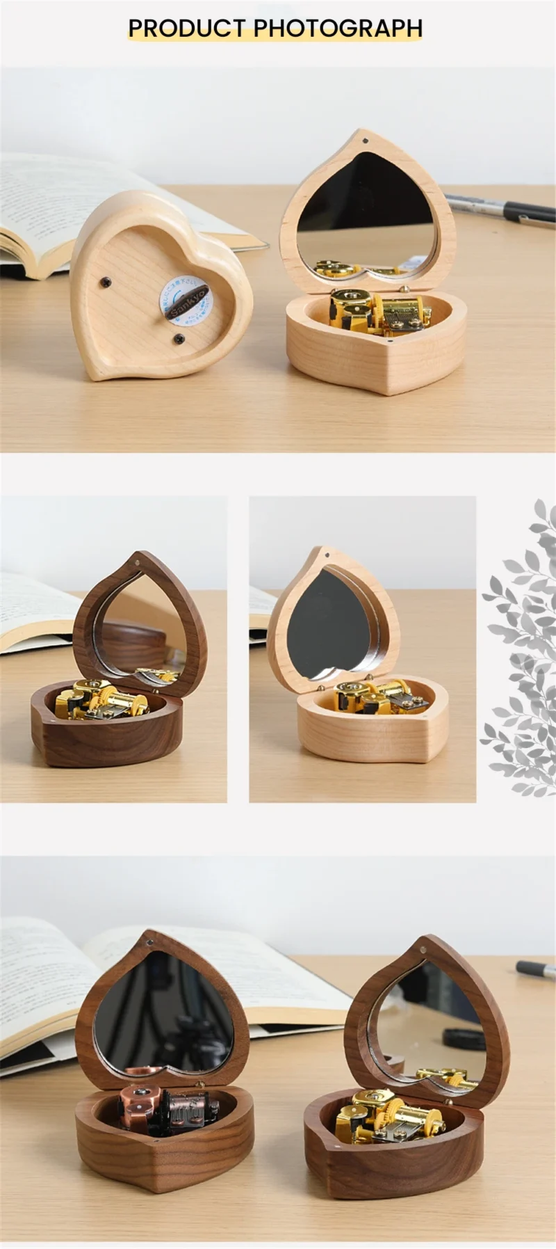 Wooden Heart Shaped Music Box Maple Wood 18 Tones Clockwork Musical Box Swan Lake Summer Moving Castle Birthday Gifts for Lovers