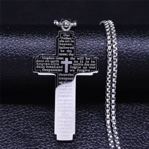 HNSP Stainless Steel Bible Pattern Cross Necklace Pendant For Men Chain Religion Protect Jewelry Accessories