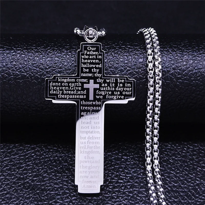 HNSP Stainless Steel Bible Pattern Cross Necklace Pendant For Men Chain Religion Protect Jewelry Accessories