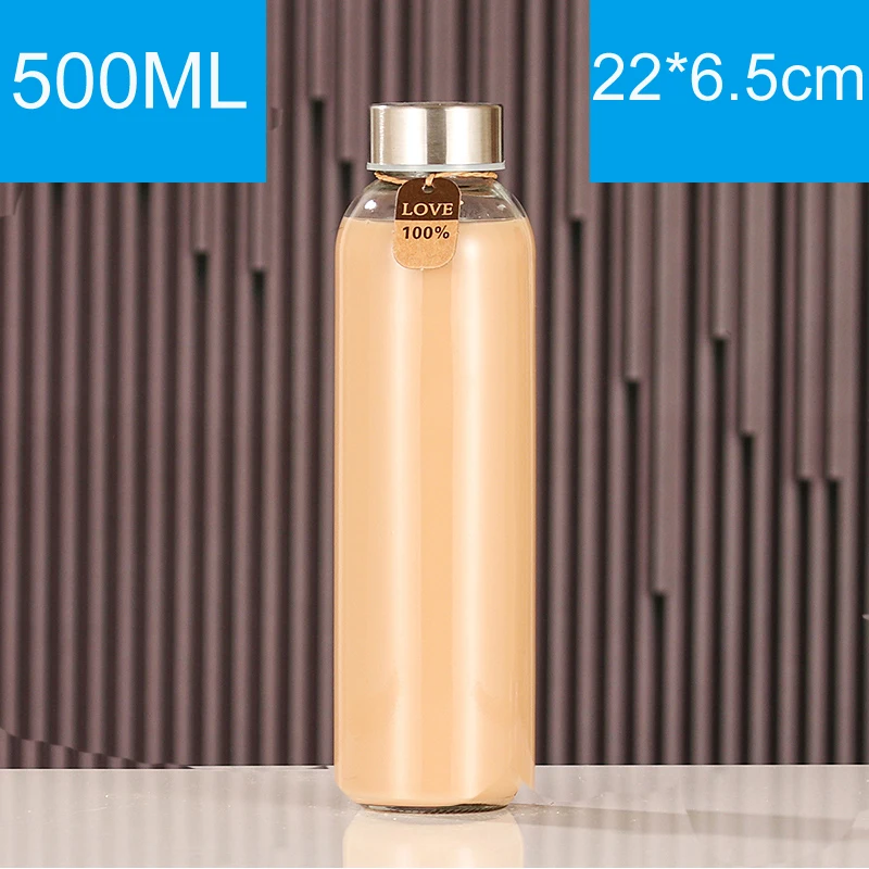 Glass Water Bottles Stainless Steel Leak Proof Lid Soda Lime  Reusable Drinking Bottle Sauce Jar Juice Beverage Container
