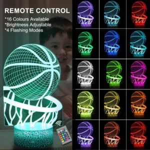 Basketball Night Light for Kids 3D LED Illusion Lamp Remote Control Brightness Adjustment Gifts for Girls Boys Room Decoration