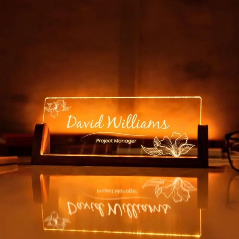 Custom Name Lighted Acrylic Desk Nameplate Modern Office Decor with Wood Base LED Name Sign Gift for New Job Boss Coworkers