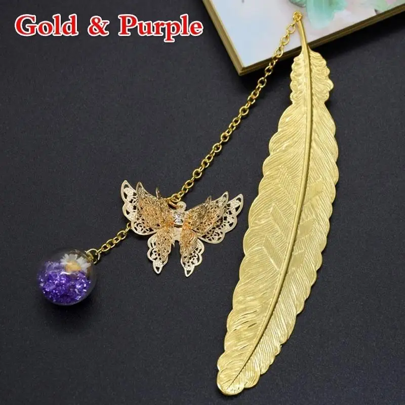 See74a8750dc047088cd8a6e7b792374bZ.webp Retro Bookmark Feather Butterfly Creative Metal Bookmarks Stationery Gift Metal Feather Bookmark In Gift Box Packaging