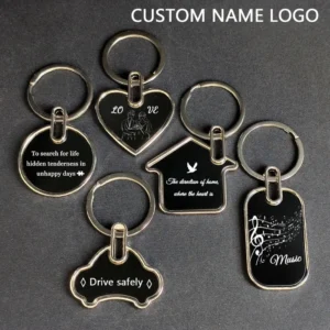Custom Logo Name Metal Black Keychain Personalized Keyring Plate Laser Marking Engraving Stainless Steel Key Chain Ring Gift
