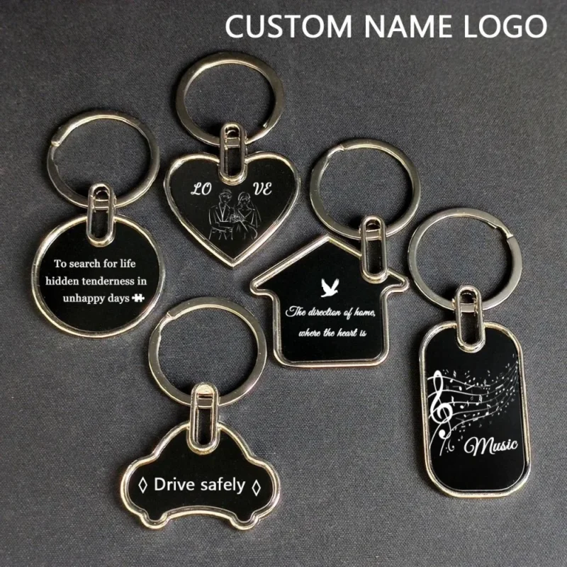 Custom Logo Name Metal Black Keychain Personalized Keyring Plate Laser Marking Engraving Stainless Steel Key Chain Ring Gift