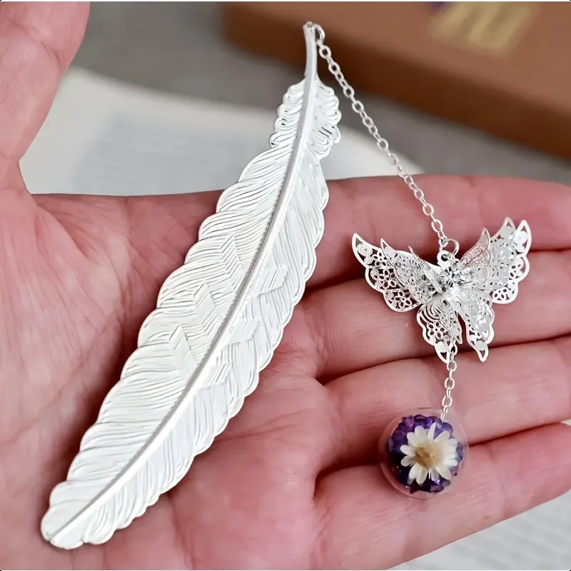 1PC elegant metal bookmark - decorated with golden feathers and flowers, a school gift, a Christmas and Valentine's Day gift