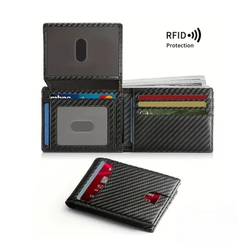 Men's Wallet Ultra Thin Rfid Leather with ID Window Multi Card Carbon Fiber Wallet 14 Card Slots RFID Carbon Fiber Pattern Large