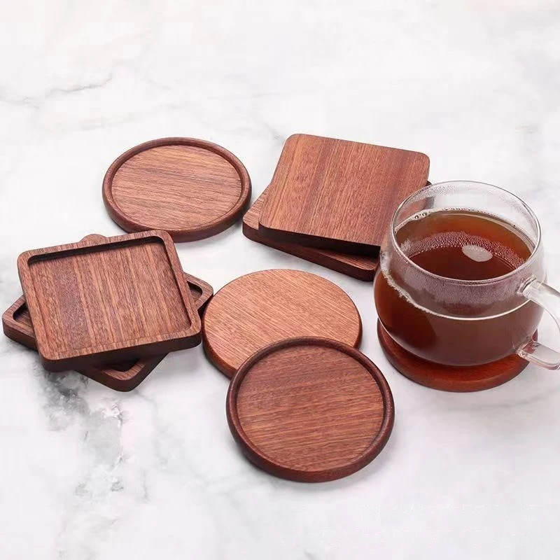 8.8cm Walnut Wood Coasters for Glasses Mugs, Round Square Wooden Cup Mat Durable Tea Coffee Cup Pad Placemats