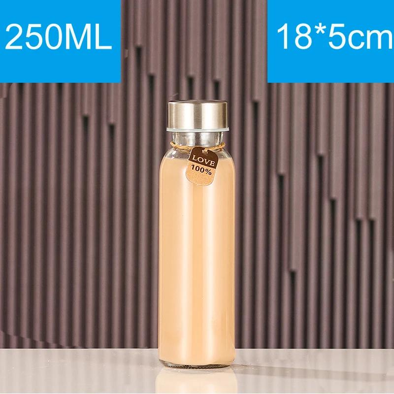 Glass Water Bottles Stainless Steel Leak Proof Lid Soda Lime  Reusable Drinking Bottle Sauce Jar Juice Beverage Container