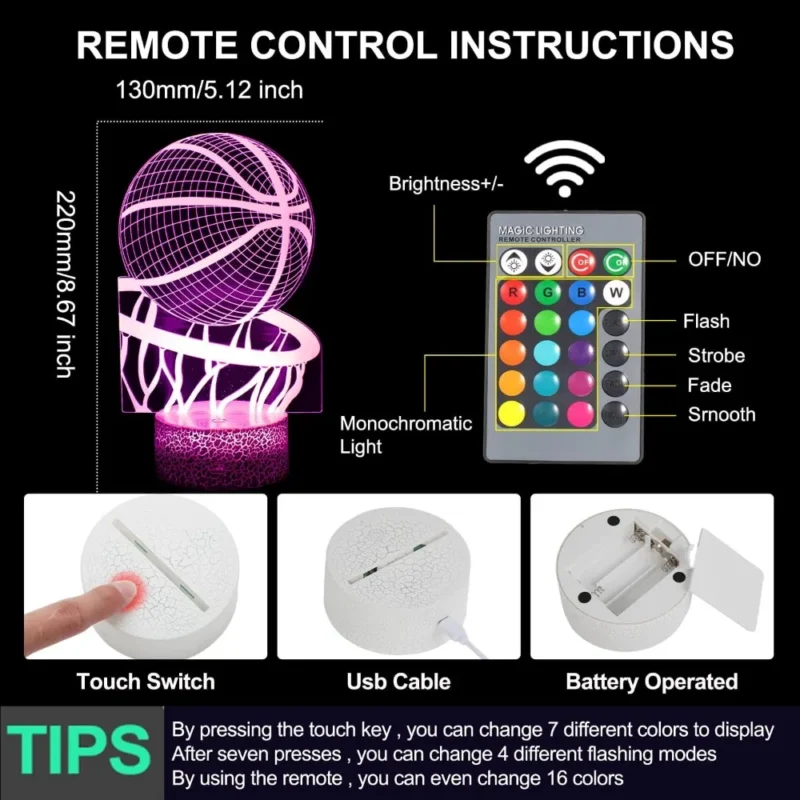 Basketball Night Light for Kids 3D LED Illusion Lamp Remote Control Brightness Adjustment Gifts for Girls Boys Room Decoration