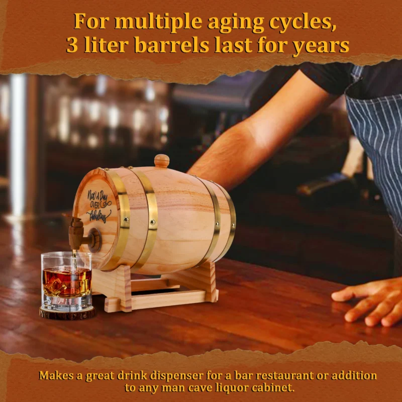 3L Wooden Whiskey Barrel with Stand Bung and Spigot Wine Barrel Whiskey Barrel Dispenser for Cocktails Bourbon Rum Tequila Beer